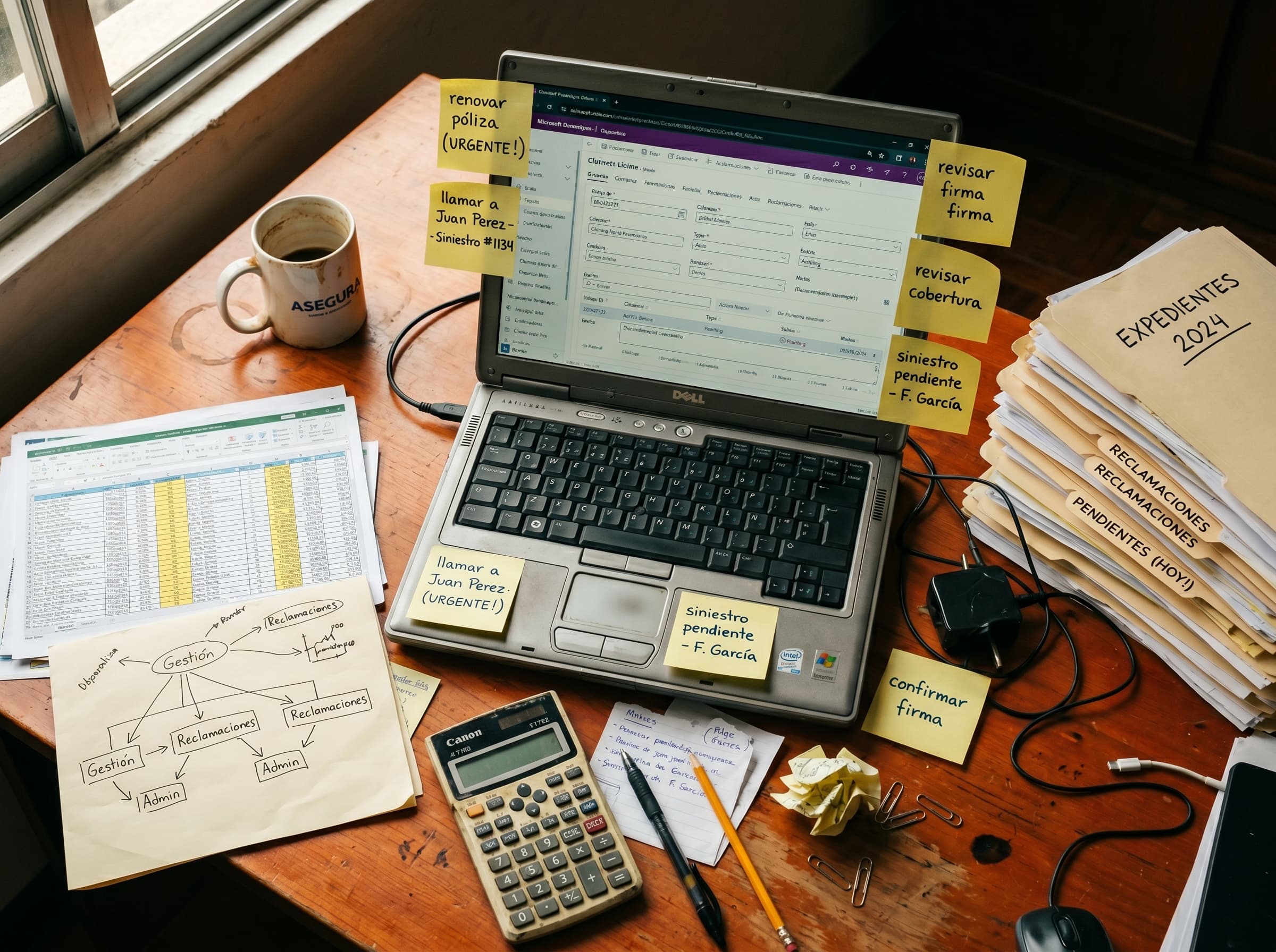 Mesa de un agente de seguros: portátil con SharePoint, post-its de avisos urgentes, hojas de Excel impresas, carpetas de expedientes y una calculadora